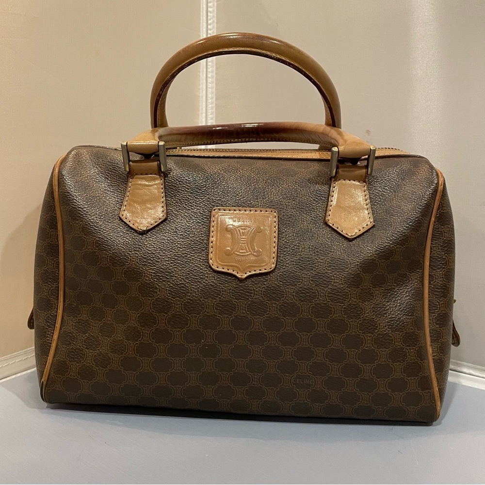 Used Celine Macadam Beige Brown Leather VTG Boston Satchel Bag Purse Authentic!